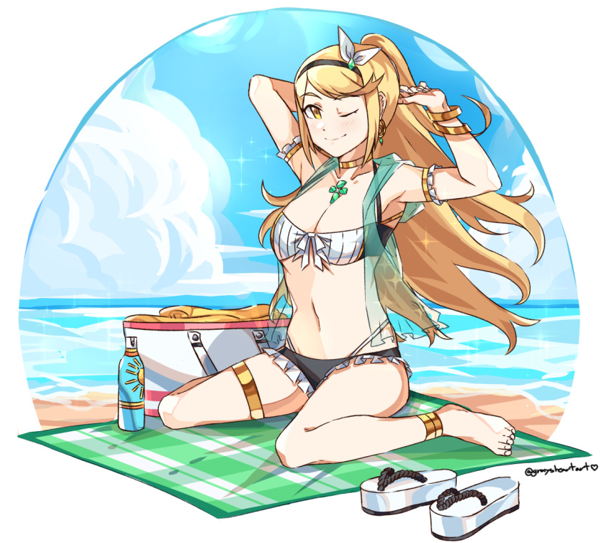 1girl ;) anklet armpits arms_up bag barefoot beach blanket blonde_hair blue_sky bottle bracelet breasts choker clouds commentary day earrings english_commentary full_body gold_choker graysheartart jewelry long_hair looking_at_viewer medium_breasts mythra_(xenoblade) navel one_eye_closed outdoors sitting sky smile solo thighlet twitter_username wariza water xenoblade_chronicles_(series) xenoblade_chronicles_2 yellow_eyes