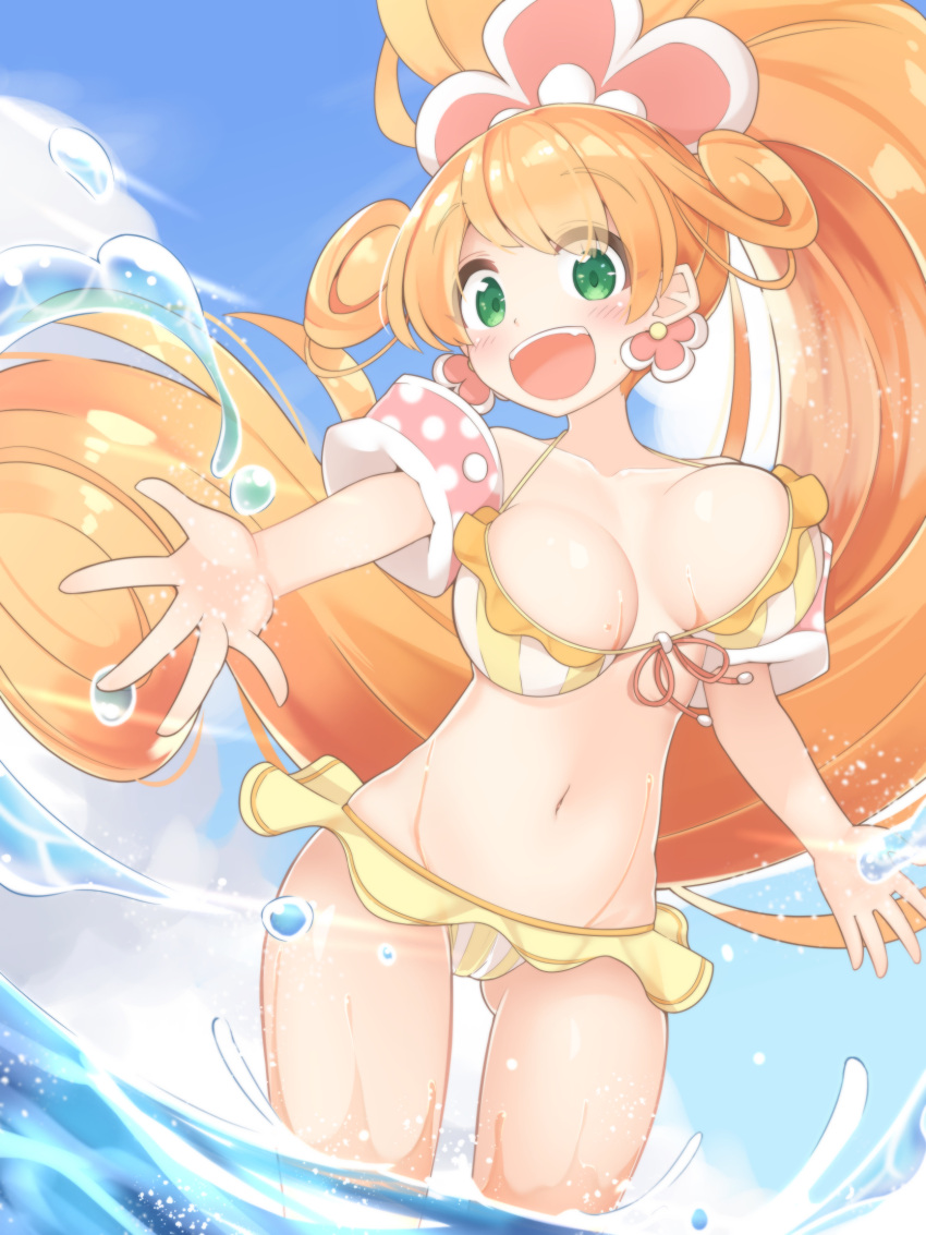 1girl ass_visible_through_thighs bangs bare_shoulders blush breasts breasts_apart clouds collarbone eyebrows_visible_through_hair fang highres kai_(nyanko_daisensou) large_breasts long_hair looking_at_viewer navel nyanko_daisensou open_mouth outstretched_arms sky smile swimsuit twin-7646 water