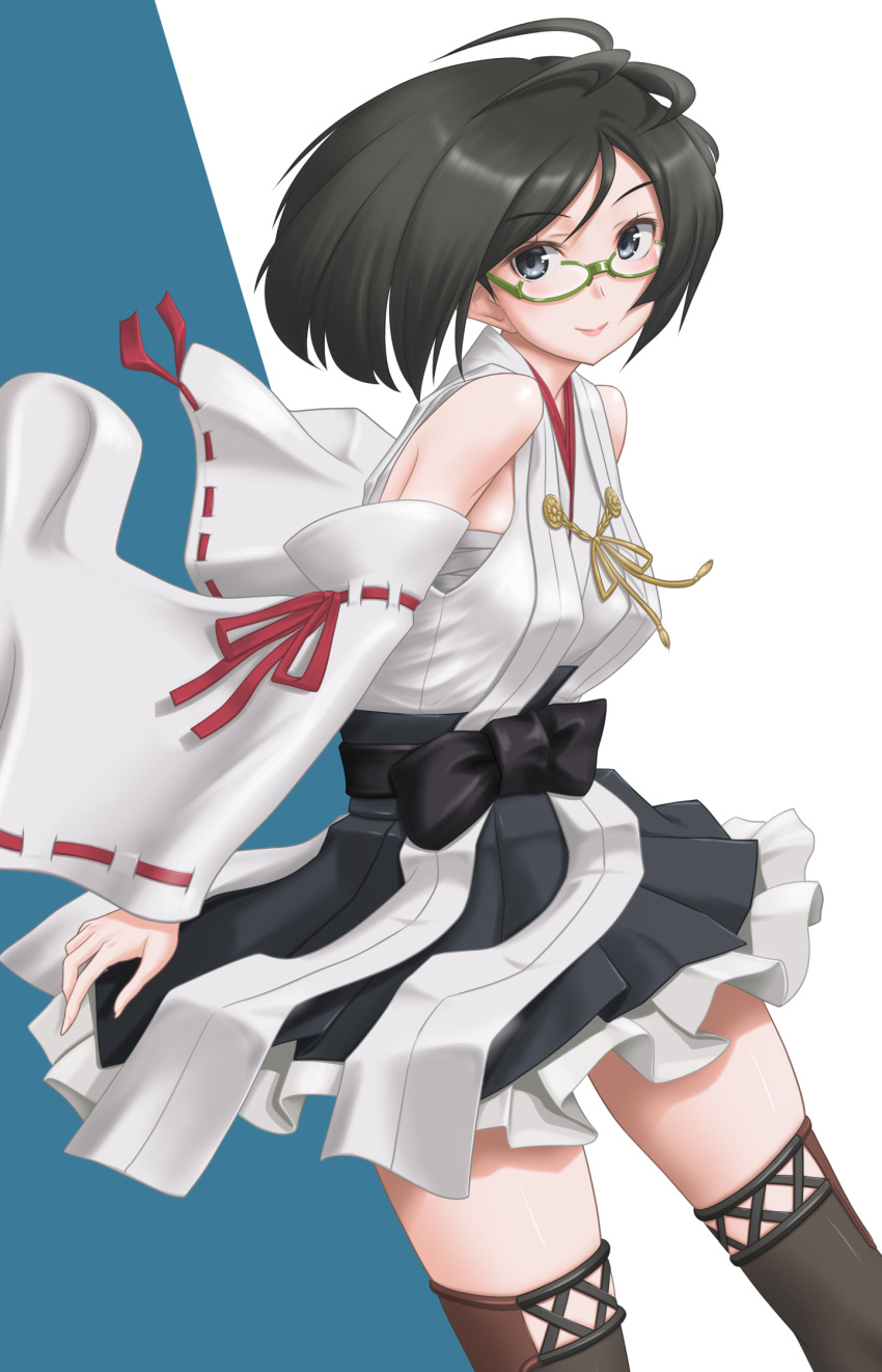 1girl bare_shoulders black_eyes black_hair black_legwear bow detached_sleeves frilled_skirt frills from_side green-framed_eyewear highres kantai_collection kirishima_(kantai_collection) looking_at_viewer nontraditional_miko semi-rimless_eyewear skirt smile solo t2r thigh-highs wide_sleeves
