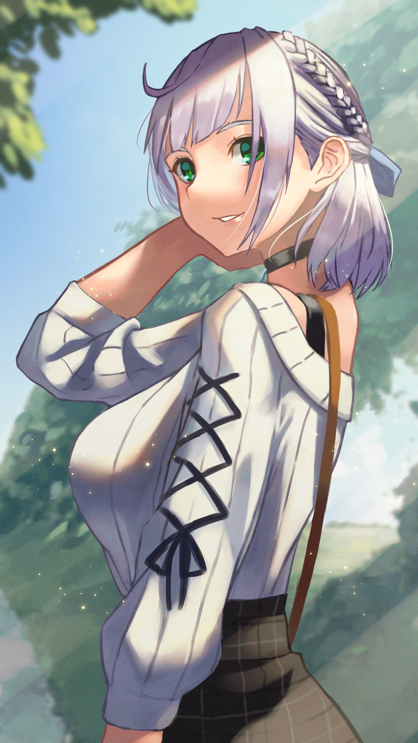 1girl absurdres adjusting_hair bangs black_choker blue_sky blunt_bangs braid breasts choker commentary_request french_braid green_eyes hair_ribbon highres hololive huge_filesize kurai_munio large_breasts outdoors parted_lips plaid plaid_skirt ribbed_sweater ribbon shirogane_noel short_hair sidelocks silver_hair skirt sky strap sweater sweater_tucked_in tree virtual_youtuber white_sweater