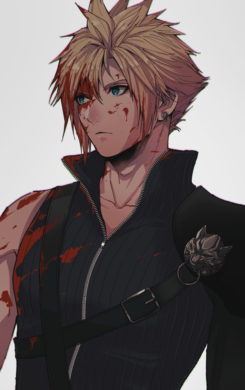 1boy bangs beckey9415 belt belt_buckle black_shirt blonde_hair blood blood_on_face blue_eyes buckle cloud_strife collarbone commentary_request earrings final_fantasy final_fantasy_vii grey_background highres jewelry long_sleeves male_focus shirt short_hair simple_background single_bare_shoulder solo upper_body white_background