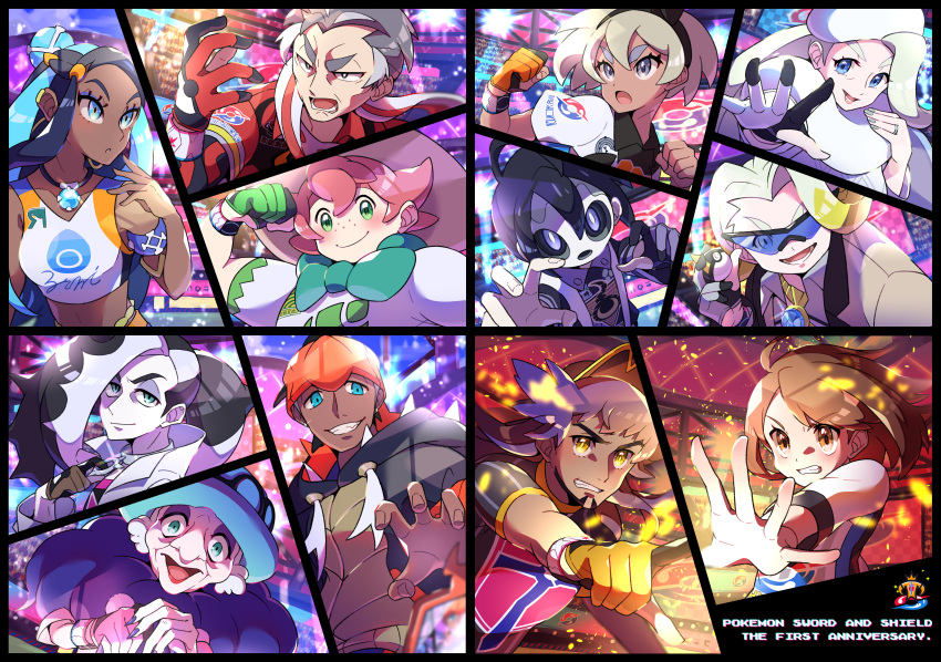 5girls 6+boys absurdres ahoge allister_(pokemon) anniversary aqua_eyes armlet bangs baseball_cap bea_(pokemon) beige_headwear belly_chain black-framed_eyewear black_eyes black_hair black_hairband black_hoodie blonde_hair blue-tinted_eyewear blue_eyes blue_eyeshadow bow_hairband brown_eyes brown_hair brown_jacket champion_uniform clenched_hands clenched_teeth closed_mouth collared_shirt commentary_request copyright_name dark_skin dark-skinned_female dark_skinned_male dynamax_band earrings embers eyebrows_visible_through_hair eyelashes eyeshadow facial_hair floating_hair freckles gloria_(pokemon) gloves gordie_(pokemon) green_eyes green_headwear gym_leader hair_between_eyes hair_bun hairband hat highres holding holding_poke_ball hood hoodie hoop_earrings jacket jewelry kabu_(pokemon) leon_(pokemon) light long_hair looking_at_viewer makeup mask melony_(pokemon) milo_(pokemon) multicolored_hair multiple_boys multiple_girls necklace nessa_(pokemon) old_woman opal_(pokemon) open_mouth partially_fingerless_gloves piers_(pokemon) pink_hair pointing poke_ball pokemon pokemon_(game) pokemon_swsh pon_yui print_shirt purple_eyeshadow purple_hair purple_scarf raihan_(pokemon) scarf shirt short_hair short_sleeves single_glove spread_fingers stadium sun_hat sunglasses suspenders teeth tongue towel towel_around_neck two-tone_hair ultra_ball white_hair white_headwear white_jacket white_scarf yellow_eyes