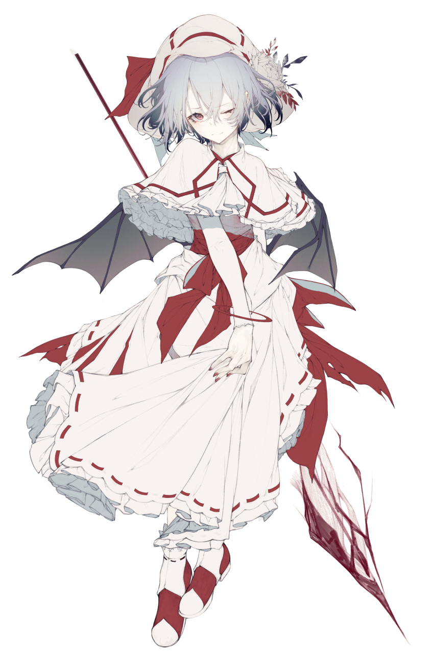1girl absurdres bat_wings blue_hair bracelet capelet curiosities_of_lotus_asia dress flower full_body hat hat_flower hat_ribbon highres hito_komoru holding holding_spear holding_weapon jewelry long_sleeves looking_at_viewer one_eye_closed polearm red_eyes red_footwear red_nails red_ribbon remilia_scarlet ribbon shoes short_hair simple_background solo spear spear_the_gungnir touhou weapon white_background white_capelet white_dress white_neckwear wings