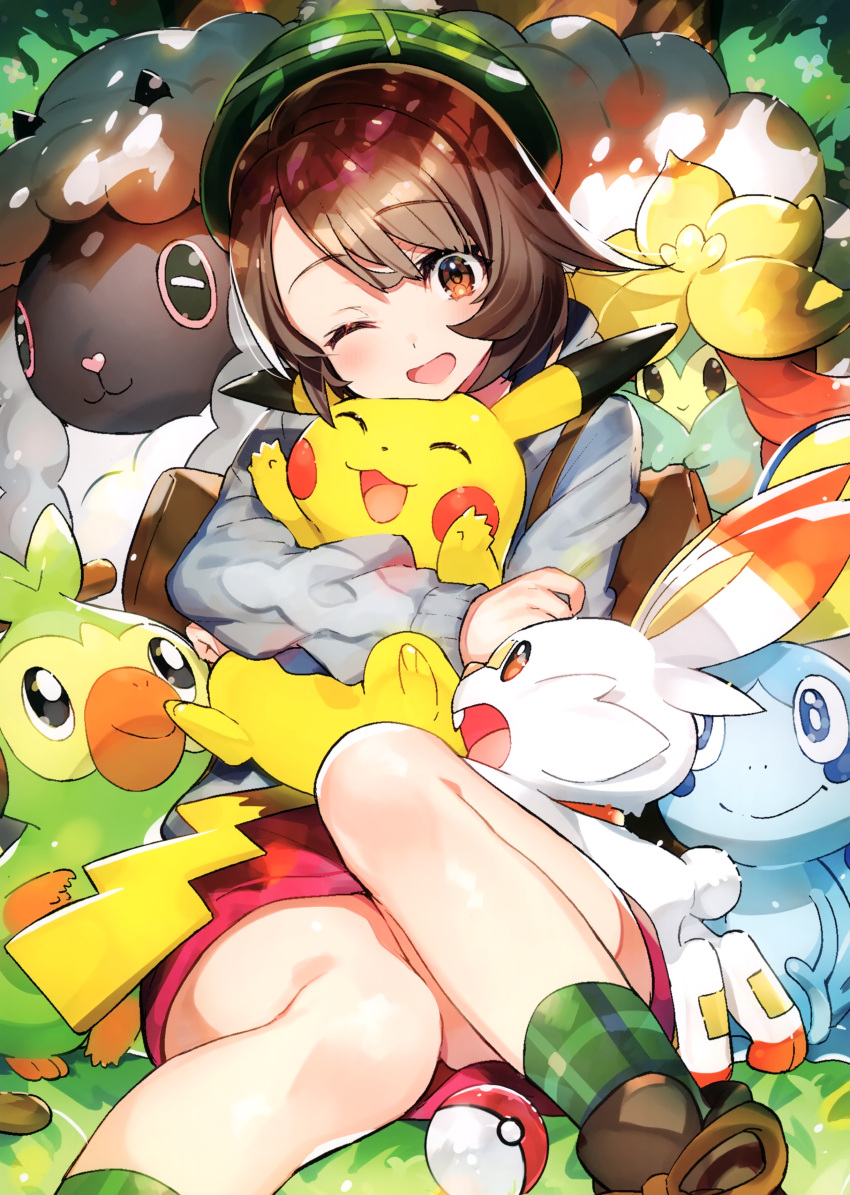 1girl ;d absurdres backpack bag bangs blush brown_eyes brown_hair bunny_tail cardigan closed_eyes copyright_name dress gen_1_pokemon gen_8_pokemon gloria_(pokemon) gossifleur green_headwear green_legwear grey_cardigan grookey hat highres holding holding_pokemon horns hug long_sleeves mika_pikazo miniskirt monkey one_eye_closed open_mouth pikachu pink_dress poke_ball poke_ball_(basic) pokemon pokemon_(creature) pokemon_(game) pokemon_swsh rabbit scorbunny sheep shoes short_hair skirt smile sobble socks starter_pokemon starter_pokemon_trio tail tam_o'_shanter wooloo