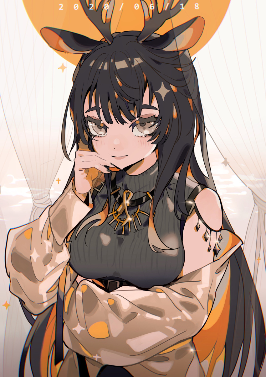 1girl absurdres animal_ears antlers arknights black_hair black_nails blush breasts brown_eyes brown_jacket chin_rest closed_mouth colored_inner_hair commentary curtains dated deer_ears eyelashes grey_sweater highres jacket jewelry lips long_hair looking_at_viewer medium_breasts multicolored_hair nail_polish necklace off_shoulder orange_hair ribbed_sweater simple_background smile solo sweater taowu_(20809) tsukinogi_(arknights) turtleneck turtleneck_sweater two-tone_hair upper_body