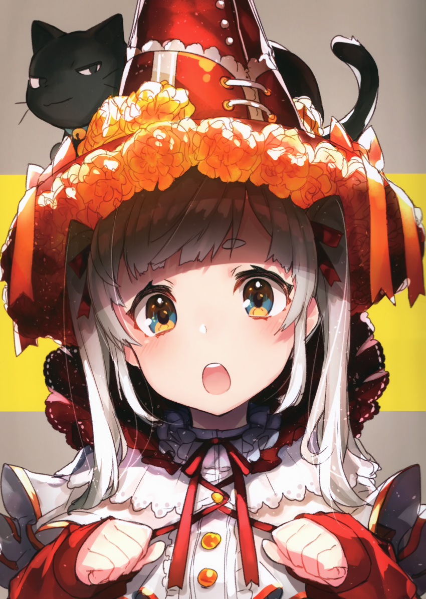 1girl :o absurdres animal_on_head black_cat blue_eyes blush cat cat_on_head flower grey_hair hair_ribbon hat hat_flower highres long_sleeves looking_at_viewer mika_pikazo multicolored multicolored_eyes neck_ribbon on_head open_mouth orange_flower original red_headwear red_neckwear red_ribbon ribbon sleeves_past_wrists solo twintails upper_body witch_hat