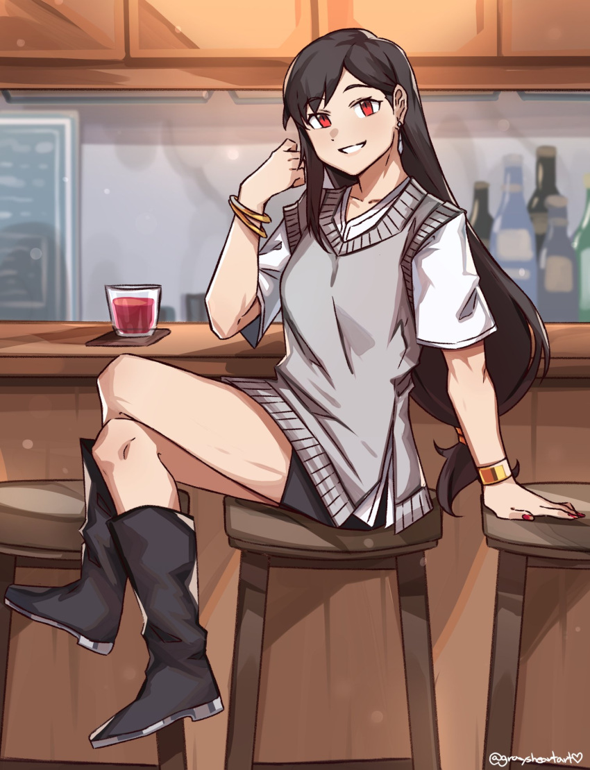 1girl alternate_costume bar black_footwear black_hair boots bottle bracelet casual commentary cup earrings english_commentary eyebrows_visible_through_hair final_fantasy full_body graysheartart grey_vest grin highres indoors jewelry long_hair low-tied_long_hair parted_lips red_eyes red_nails short_sleeves sitting smile solo stool tifa_lockhart twitter_username very_long_hair vest