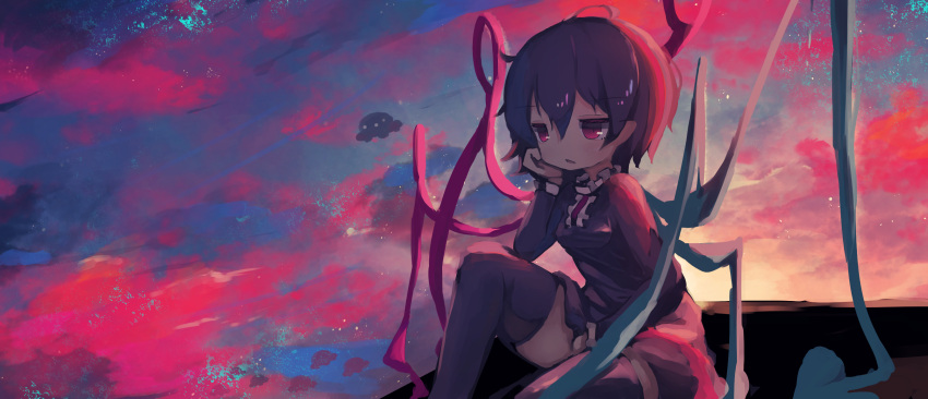 1girl asymmetrical_wings bangs black_dress black_hair black_legwear blue_wings dress highres houjuu_nue long_sleeves looking_away open_mouth outdoors red_eyes red_wings shade short_hair sitting sky ti_owo touhou ufo wings