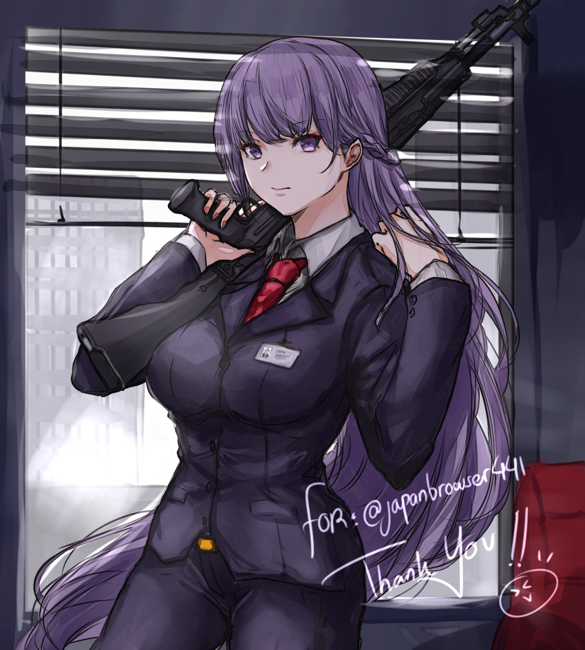 1girl assault_rifle belt black_clothes braid breasts building commission commissioner_upload ears fire_emblem fire_emblem:_the_binding_blade fire_emblem_heroes formal french_braid gazelle_jun gun highres long_hair looking_at_viewer medium_breasts name_tag necktie purple_hair red_nails rifle serious shutter solo sophia_(fire_emblem) standing suit very_long_hair violet_eyes weapon window