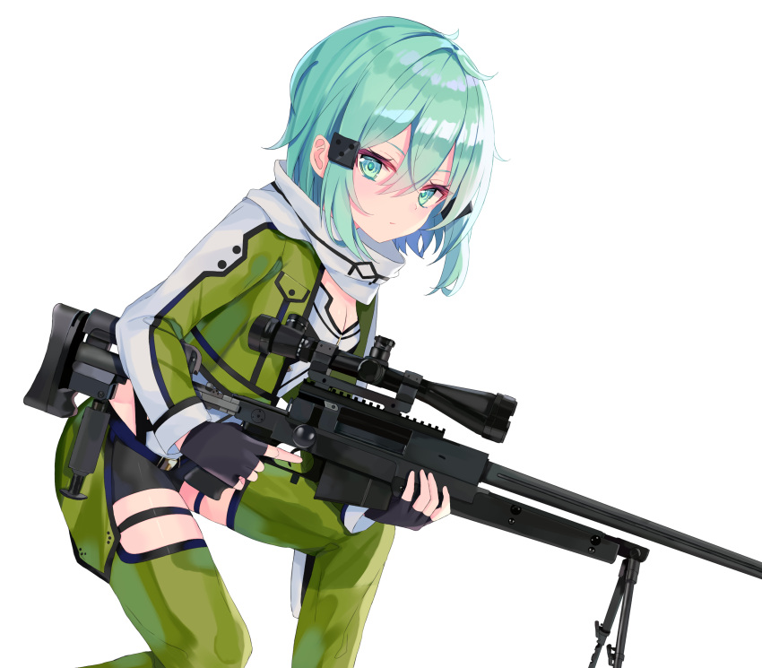 1girl absurdres anti-materiel_rifle blue_eyes blue_hair breasts commentary_request fingerless_gloves gloves gun hair_between_eyes hair_ornament hairclip highres holding looking_at_viewer rifle scarf short_hair short_shorts shorts sidelocks sinobi_illust sinon sniper_rifle solo sword_art_online weapon