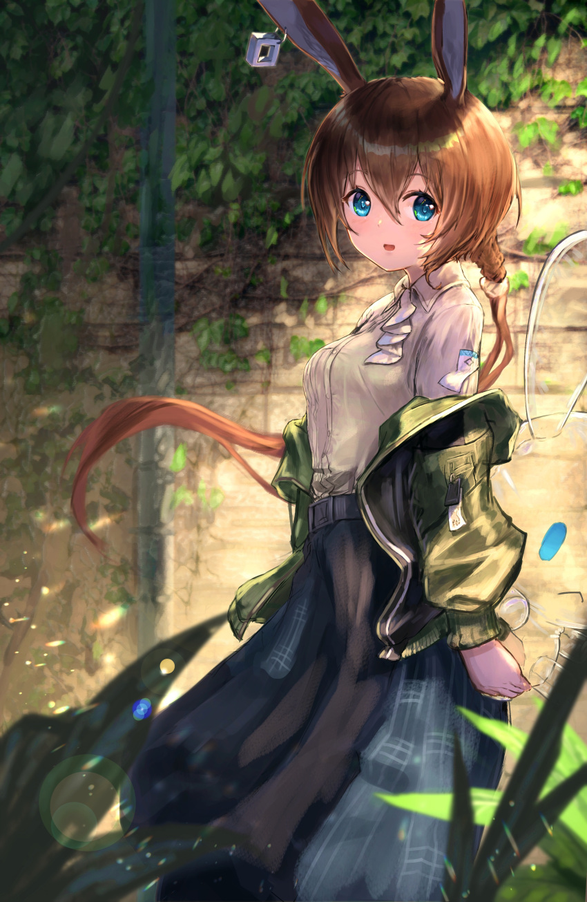 1girl absurdres amiya_(arknights) animal_ears arknights belt blue_eyes blush breasts brown_hair ear_piercing green_jacket hair_between_eyes highres inflatable_toy jacket large_breasts long_hair long_ponytail long_skirt looking_at_viewer open_mouth outdoors piercing rabbit_ears shirt sidelocks skirt solo standing taku57 white_shirt