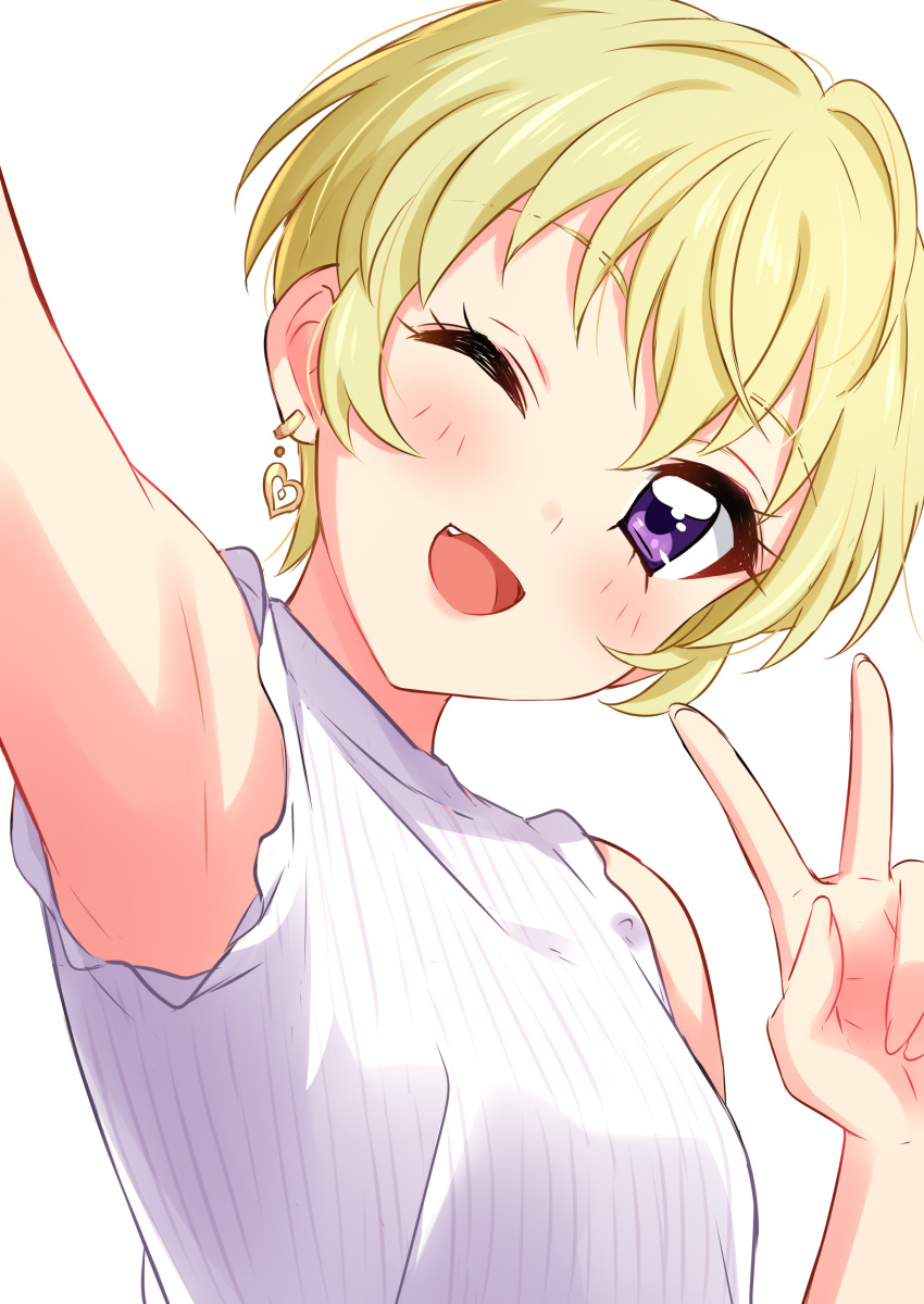 1girl :d absurdres aikatsu! aikatsu!_(series) armpits blonde_hair earrings fang fingernails hand_up hattori_yuu heart heart_earrings highres jewelry looking_at_viewer open_mouth sekina short_hair simple_background sleeveless_sweater smile solo sweater v violet_eyes white_background white_sweater