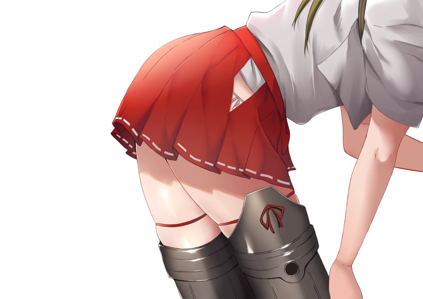 1girl boots close-up commentary_request green_hair hair_down hakama_skirt highres hip_vent japanese_clothes kantai_collection leaning_forward long_hair ohiya panties side-tie_panties simple_background single_stripe solo thigh-highs thigh_boots underwear white_background zuikaku_(kantai_collection)