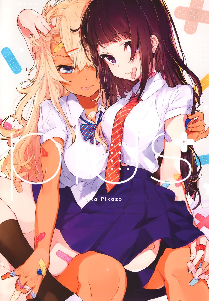 2girls :p absurdres bandaid bandaid_on_face bandaid_on_knee bangs blonde_hair blue_bow blue_eyes blue_neckwear blush bow bowtie breasts brown_hair collared_shirt hair_ornament hair_over_one_eye hairclip high-waist_skirt highres large_breasts looking_at_viewer mika_pikazo multiple_girls necktie original purple_skirt red_bow red_neckwear school_uniform shirt sitting skirt smile tongue tongue_out violet_eyes white_shirt wing_collar