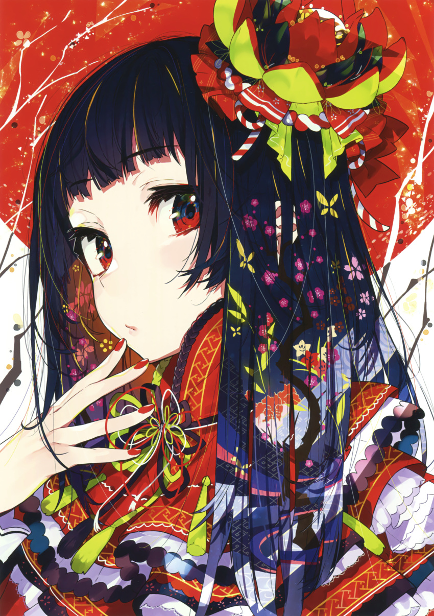 1girl absurdres bangs blunt_bangs blush closed_mouth eyebrows_visible_through_hair fingernails hair_ornament hand_to_own_mouth highres long_hair looking_at_viewer mika_pikazo nail_polish original portrait purple_hair red_eyes red_nails red_theme solo tagme unmoving_pattern