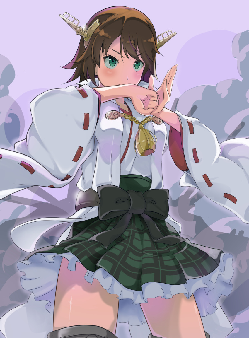 1girl blush bow breasts brown_hair fist_in_hand frilled_skirt frills from_below green_eyes hiei_(kantai_collection) highres kantai_collection medium_breasts nontraditional_miko plaid plaid_skirt purple_background short_hair skirt solo takashi_(nougyou) thigh-highs wide_sleeves zettai_ryouiki