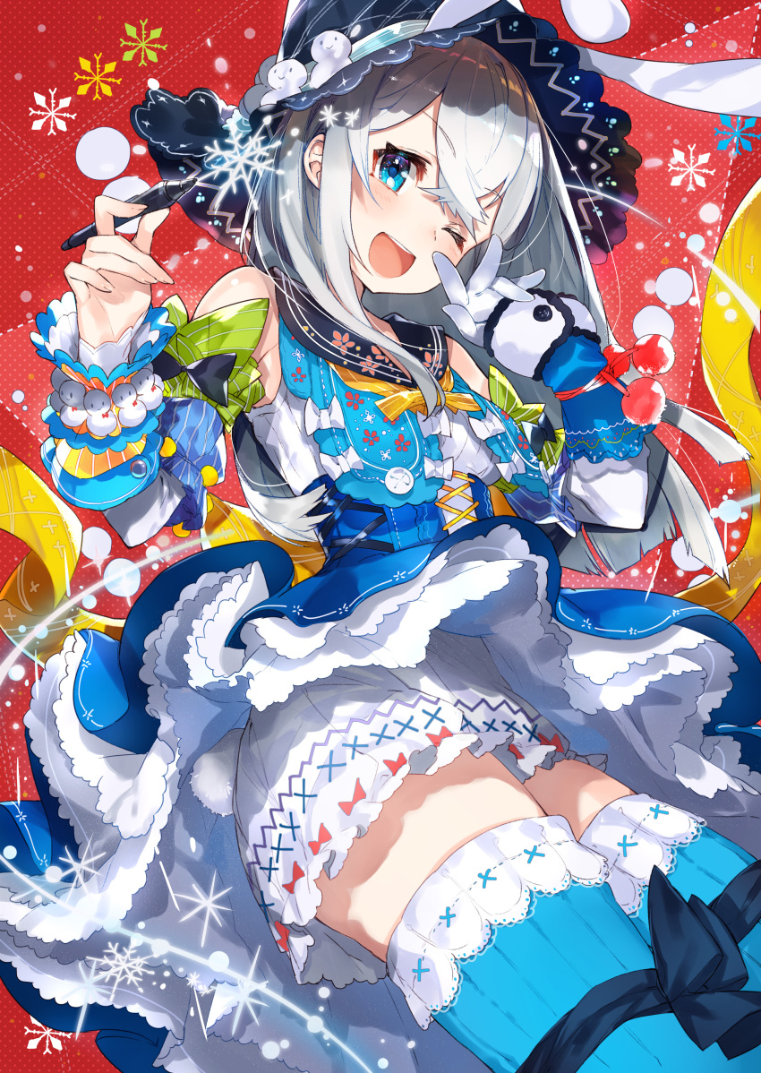 1girl ;d absurdres animal_ears artist_name bare_shoulders blue_eyes bow bunny_tail detached_sleeves dress eyelashes frills gloves hat highres holding holding_pen mika_pikazo one_eye_closed open_mouth original pen rabbit_ears silver_hair single_glove smile solo tail thigh-highs