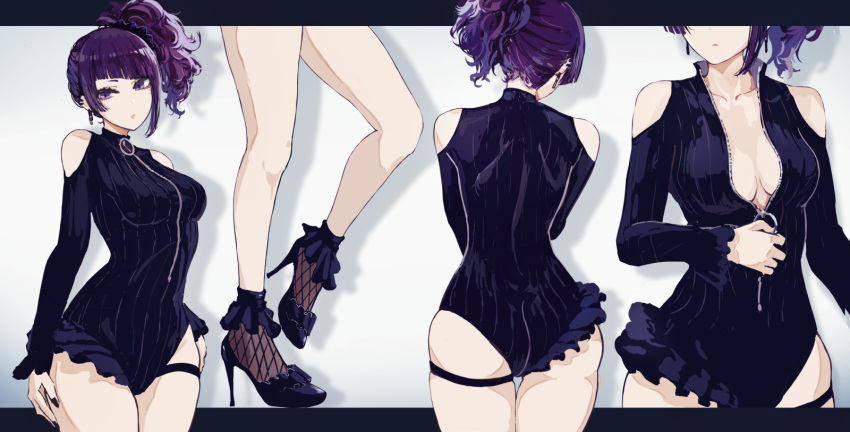 1girl ass bare_shoulders black_footwear black_nails black_swimsuit breasts brown_legwear clothing_cutout collarbone commentary fishnet_legwear fishnets frilled_legwear frilled_swimsuit frills high_heels highres idolmaster idolmaster_shiny_colors letterboxed medium_breasts minyom multiple_views nail_polish one-piece_swimsuit ribbed_swimsuit shoes shoulder_cutout skindentation socks standing standing_on_one_leg swimsuit tanaka_mamimi thigh_strap
