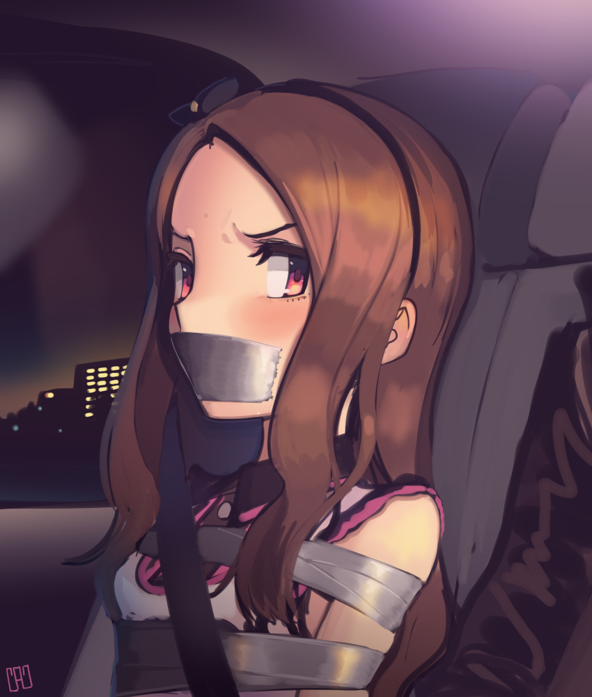 1girl absurdres bound brown_hair car_interior cityscape gag hairband highres idolmaster idolmaster_(classic) improvised_gag kaddo minase_iori out_of_frame red_eyes restrained seatbelt tape tape_bondage tape_gag tied_up upper_body