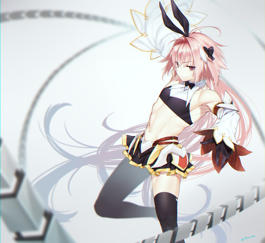 1boy abs astolfo_(fate) astolfo_(saber)_(fate) bare_shoulders belt black_bow black_legwear black_neckwear black_ribbon black_shirt black_skirt bow bowtie crop_top detached_sleeves fate/grand_order fate_(series) faulds hair_intakes long_hair long_sleeves looking_at_viewer low_twintails midriff multicolored_hair navel otoko_no_ko pink_hair pleated_skirt ribbon shirt skirt smile streaked_hair tawapo thigh-highs thighs twintails violet_eyes whip_sword white_hair wide_sleeves