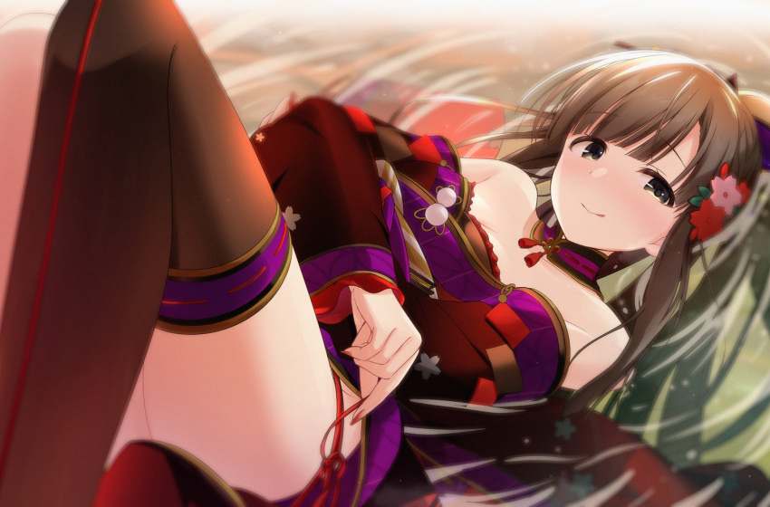 1girl akisaka_yamoka bare_shoulders black_eyes black_hair choker detached_sleeves eyebrows_visible_through_hair flower hair_flower hair_ornament idolmaster idolmaster_cinderella_girls idolmaster_cinderella_girls_starlight_stage kobayakawa_sae long_hair looking_at_viewer lying on_back smile solo tagme thigh-highs