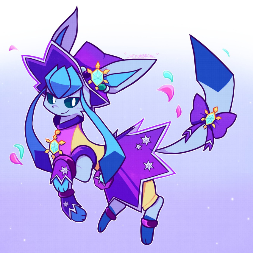 animal_focus artist_name blue_eyes blue_fur blue_gem bow bright_pupils closed_mouth clothed_pokemon dress full_body gem glaceon glaceon_(miracle) hat highres looking_at_viewer no_humans petals pink_petals pokemon pokemon_(creature) pokemon_focus purple_background purple_bow purple_dress purple_hat simple_background skyumbreon smile solo star_(symbol) two-tone_fur white_pupils witch_hat wrist_cuffs