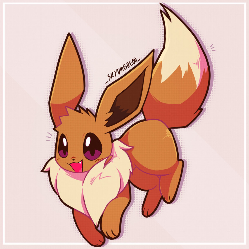 :d animal_focus artist_name black_eyes border brown_fur eevee fang fluffy full_body grey_background highres looking_at_viewer neck_fur no_humans open_mouth pokemon pokemon_(creature) pokemon_focus simple_background skyumbreon smile solo white_border yellow_fur