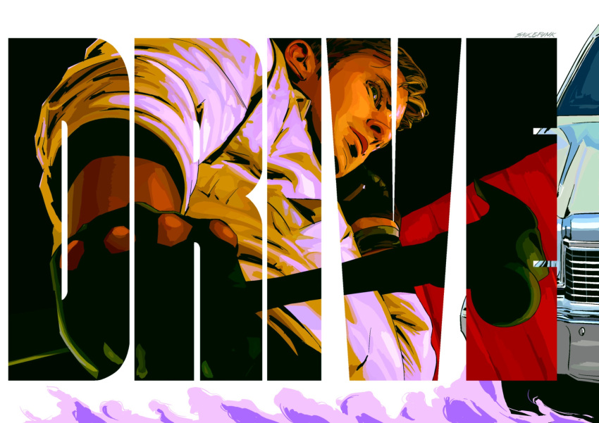 1boy blonde_hair bomber_jacket car claw_hammer commentary drive_(movie) driver_(drive) english_commentary hammer highres holding holding_hammer jacket male_focus motor_vehicle saucefunk2 solo white_jacket