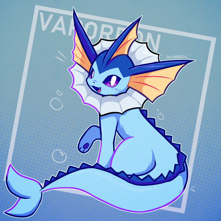 :d animal_focus artist_name blue_background blue_fur bright_pupils cetacean_tail character_name fang fins fish_tail full_body head_fins highres looking_at_viewer no_humans open_mouth pokemon pokemon_(creature) pokemon_focus simple_background sitting skyumbreon smile solo tail vaporeon violet_eyes white_pupils