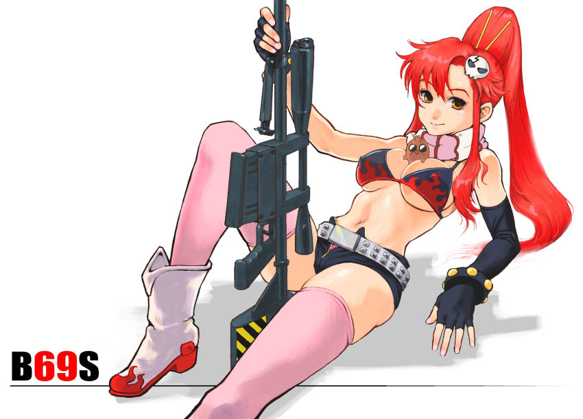 bikini_top elbow_gloves fingerless_gloves gloves gun highres long_hair ponytail red_hair redhead swimsuit takeshi tengen_toppa_gurren_lagann thigh-highs thighhighs weapon yellow_eyes yoko_littner yoko_ritona