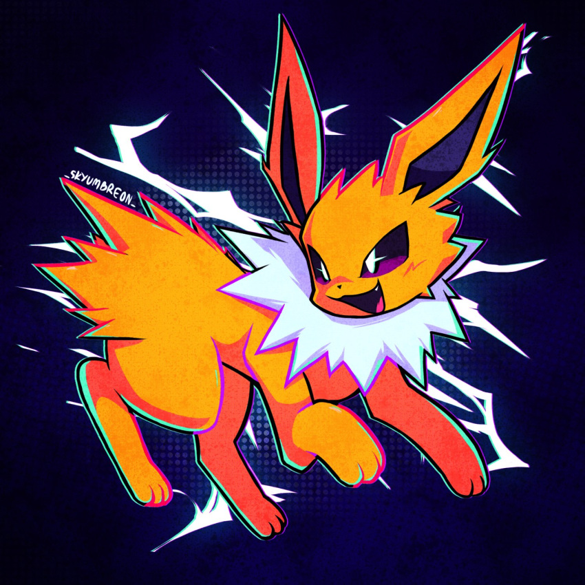 :d animal_focus artist_name blue_background bright_pupils commentary electricity fang fluffy full_body highres jolteon looking_at_viewer neck_fur no_humans open_mouth pokemon pokemon_(creature) pokemon_focus simple_background skyumbreon smile solo standing violet_eyes white_fur white_pupils yellow_fur
