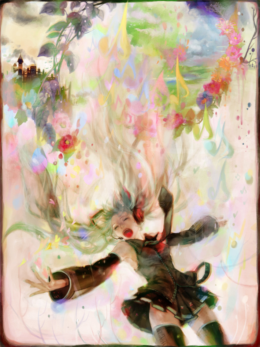 flower_petals green_hair hatsune_miku highres long_hair musical_note petals tomatika twintails very_long_hair vocaloid