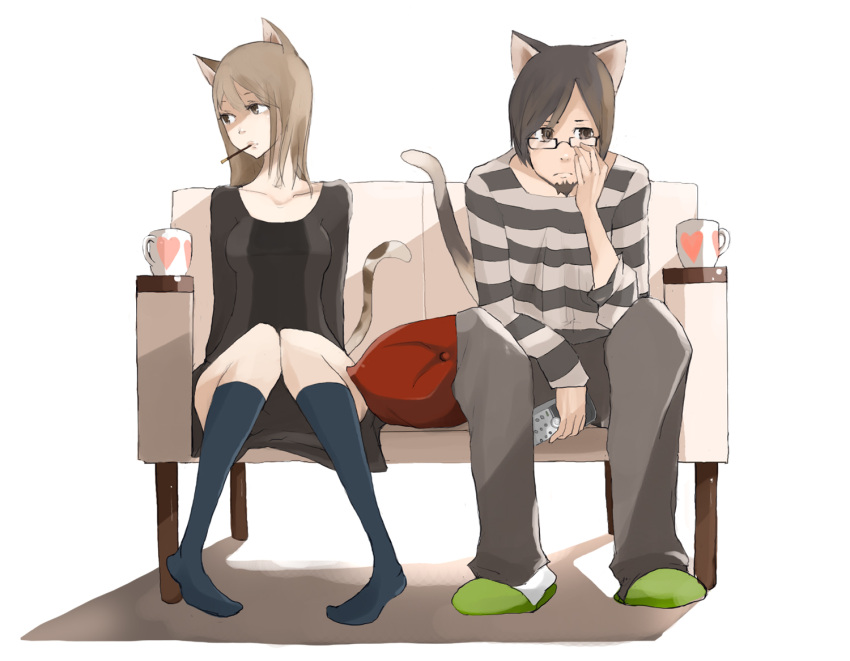 beard couple cup facial_hair glasses original pocky sitting socks tail tansuke