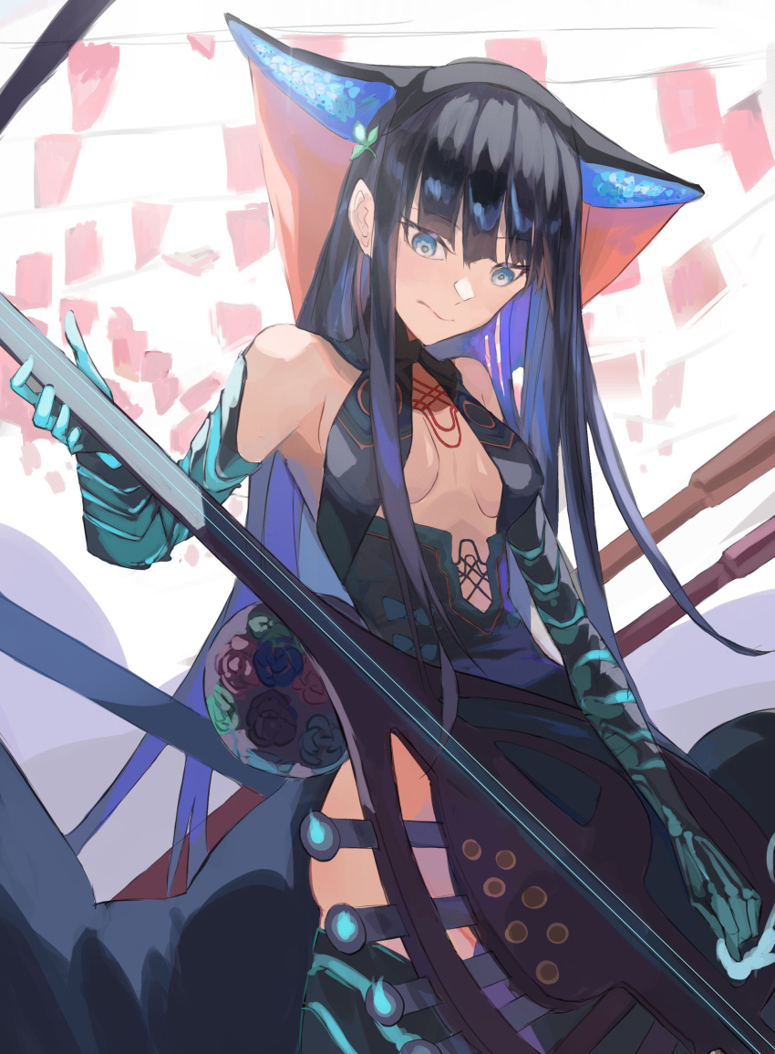 1girl absurdres artist_request bangs bare_shoulders black_dress black_gloves black_headwear black_legwear blue_eyes blunt_bangs breasts center_opening closed_mouth dress elbow_gloves fate/grand_order fate_(series) flute gloves hair_ornament highres instrument leaf_hair_ornament long_hair looking_at_viewer medium_breasts pipa_(instrument) purple_hair thigh-highs thighs very_long_hair yang_guifei_(fate/grand_order)