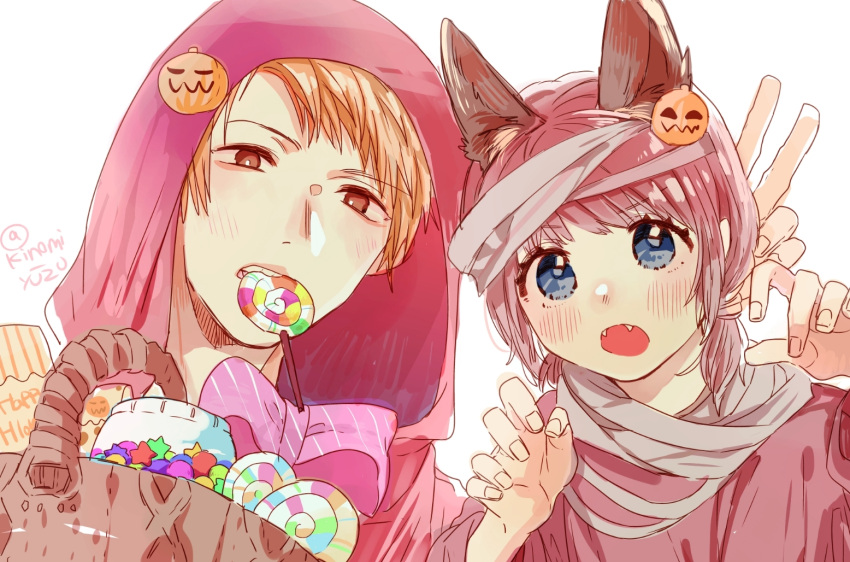 1boy 1girl :o animal_ears artist_name basket blue_eyes blush brown_eyes candy fangs food food_themed_hair_ornament hair_ornament halloween hand_up jack-o'-lantern kinomi_yuzu lollipop original pink_hair pumpkin_hair_ornament short_twintails simple_background twintails upper_body white_background