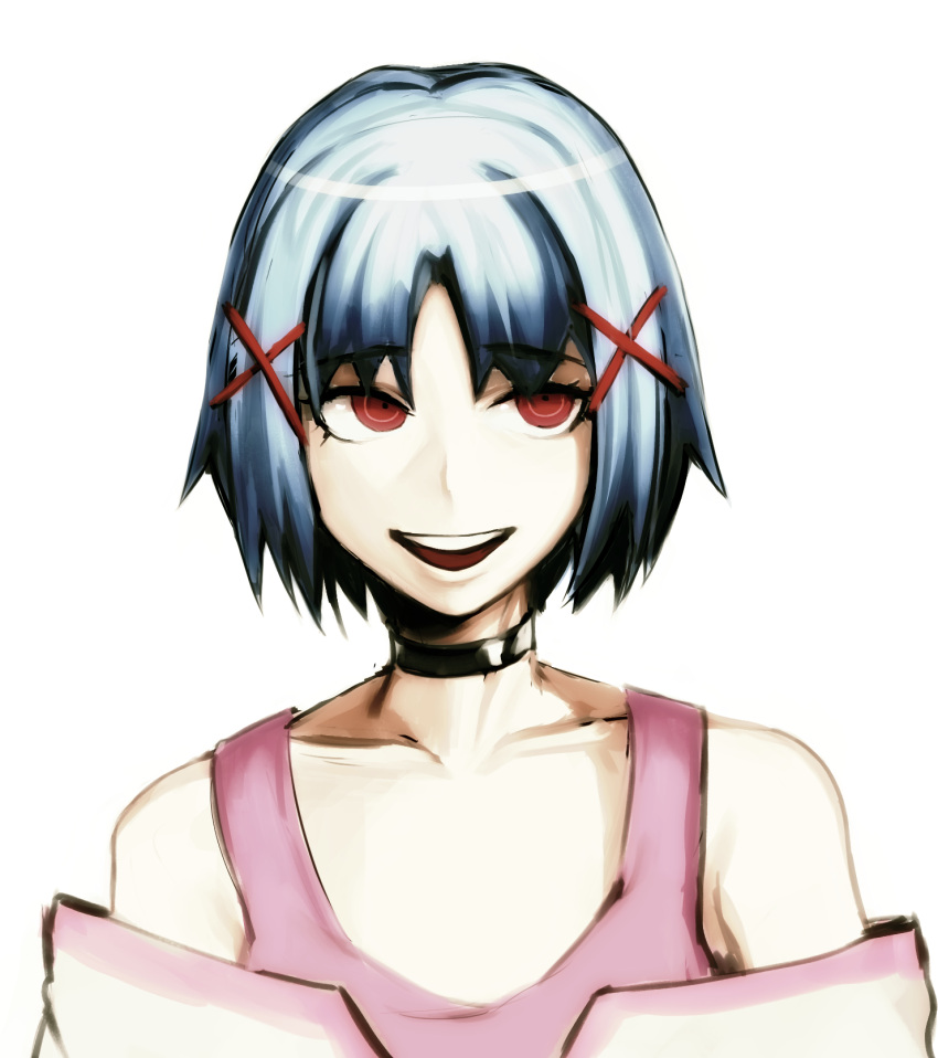 1girl bangs bare_shoulders black_choker blue_hair check_copyright choker collarbone commentary copyright_request dangan_ronpa face hair_ornament hairclip highres kyandii open_mouth parody pink_tank_top red_eyes short_hair simple_background smile solo style_parody tank_top upper_body upper_teeth white_background x_hair_ornament