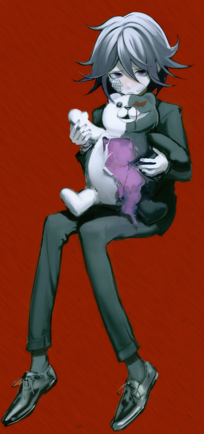 1boy absurdres bandaid bandaid_on_face bangs black_footwear black_hair black_jacket black_legwear black_pants closed_mouth dangan_ronpa hair_between_eyes hands_up highres holding invisible_chair jacket kyandii long_legs long_sleeves looking_at_viewer male_focus monokuma new_dangan_ronpa_v3 official_alternate_costume ouma_kokichi pants red_background school_uniform shoes short_hair sitting socks solo stuffed_animal stuffed_toy teddy_bear