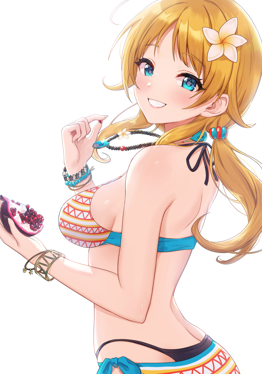 1girl :d absurdres ass back bangs bare_shoulders bikini blonde_hair blue_eyes blue_ribbon blush bracelet breasts butt_crack eyebrows_visible_through_hair flower food from_behind fruit hachimiya_meguru hair_flower hair_ornament highres holding holding_food idolmaster idolmaster_shiny_colors jewelry long_hair looking_at_viewer looking_back low_twintails medium_breasts multicolored multicolored_bikini multicolored_clothes necklace open_mouth pn_(wnsl216) pomegranate ribbon side-tie_bikini sideboob simple_background smile solo swimsuit twintails upper_body white_background white_flower