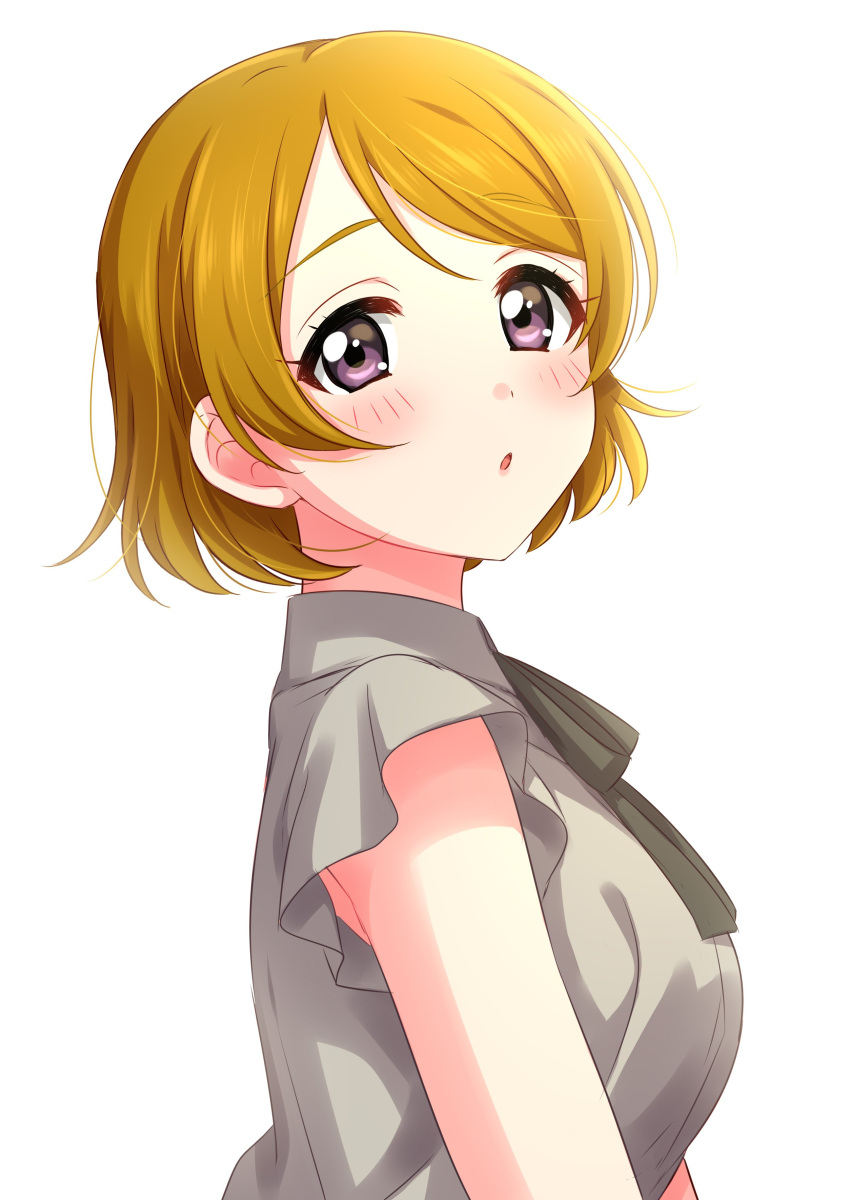 1girl absurdres black_neckwear black_ribbon blush brown_hair from_side grey_shirt highres koizumi_hanayo looking_at_viewer looking_to_the_side love_live! love_live!_school_idol_project neck_ribbon parted_lips ribbon sekina shirt short_sleeves simple_background solo violet_eyes white_background