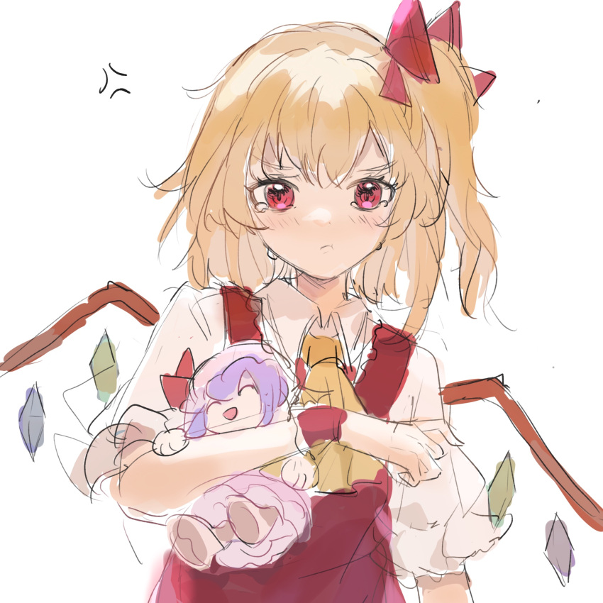 1girl anger_vein angry arm_holding ascot blonde_hair blush bow character_doll closed_mouth crystal doll flandre_scarlet hair_bow highres holding holding_doll looking_at_viewer medium_hair one_side_up patchouli_knowledge pout puffy_short_sleeves puffy_sleeves red_bow red_eyes red_vest reset shirt short_sleeves simple_background sketch solo tears touhou upper_body v-shaped_eyebrows vest white_background white_shirt wings wrist_cuffs yellow_neckwear
