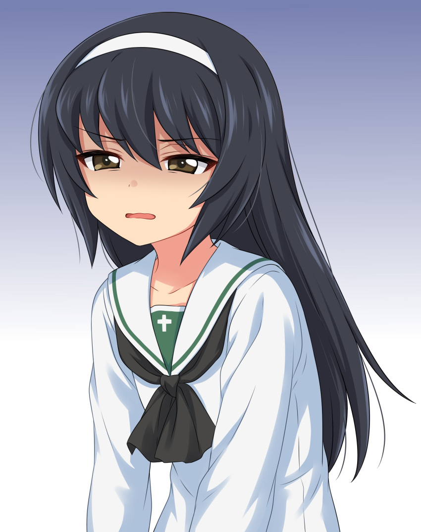1girl absurdres ascot black_hair black_neckwear brown_eyes character_request d: dot_nose girls_und_panzer gradient gradient_background grey_background highres long_hair long_sleeves looking_at_viewer open_mouth sailor_collar school_uniform sekina serafuku shaded_face shirt smile solo upper_body white_sailor_collar white_shirt