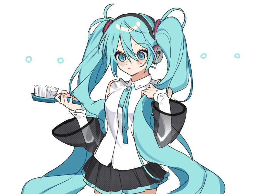 ... 1girl :&lt; bare_shoulders black_skirt blue_eyes blue_hair blue_neckwear blush blush_stickers closed_mouth collared_shirt cowboy_shot curly_hair detached_sleeves dot_nose eyebrows_visible_through_hair eyelashes facing_viewer hair_between_eyes hair_brush hands_up hatsune_miku hatsune_miku_(nt) headset highres holding holding_brush long_hair looking_down mp_(im_kaito_ice) piapro pleated_skirt polka_dot polka_dot_skirt see-through see-through_sleeves shiny shiny_hair shirt sidelocks simple_background skirt sleeveless sleeveless_shirt solo standing sweatdrop tareme thighs twintails vocaloid white_background white_shirt wide-eyed