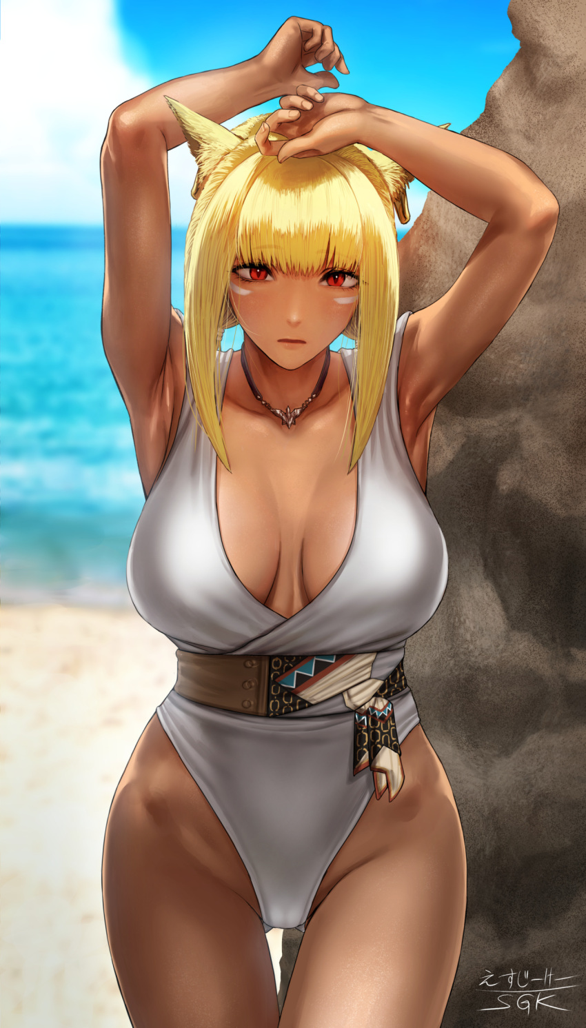 1girl animal_ears armpits arms_up bangs beach belt blonde_hair blush boulder breasts dark_skin facial_mark final_fantasy final_fantasy_xiv groin highres jewelry looking_at_viewer miqo'te necklace ocean one-piece_swimsuit red_eyes sgk solo swimsuit white_swimsuit
