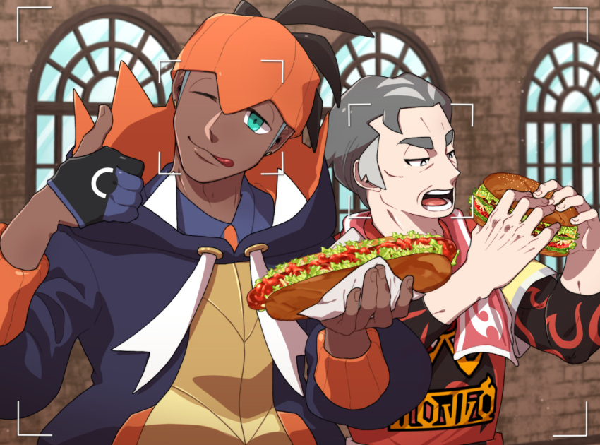 2boys :q batabiru black_eyes black_hair black_hoodie collared_shirt commentary_request dark_skin dark_skinned_male earrings eating fingernails food gloves green_eyes gym_leader half-closed_eyes hamburger hands_up head_tilt holding hood hoodie hot_dog jewelry kabu_(pokemon) ketchup lettuce looking_at_viewer male_focus multicolored_hair multiple_boys one_eye_closed open_mouth partially_fingerless_gloves pokemon pokemon_(game) pokemon_swsh raihan_(pokemon) shirt single_glove teeth thumbs_up tongue tongue_out towel towel_around_neck two-tone_hair viewfinder