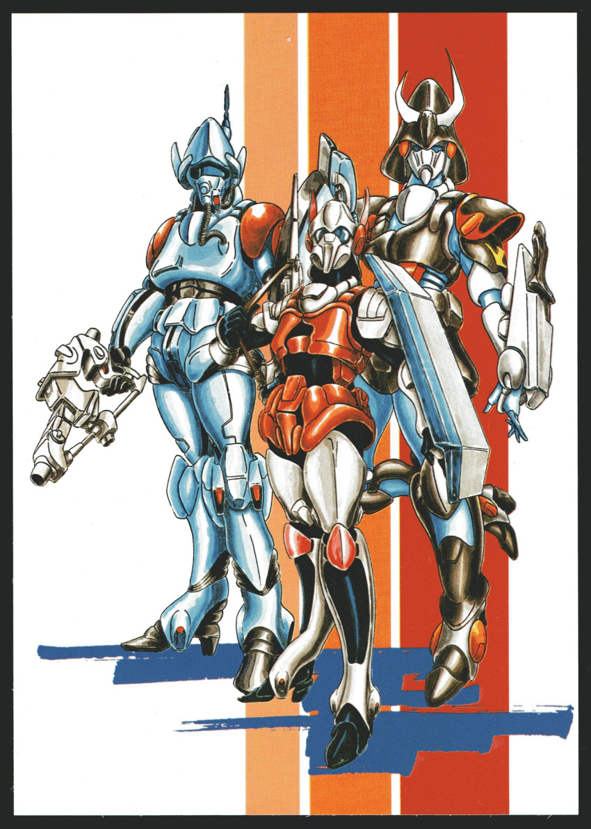 1980s_(style) 3girls arming_doublet armor army atac beam_rifle body_armor choujikuu_kidan_southern_cross commentary_request concealed_sword energy_gun faceplate gloves gmp helmet highres japanese_armor jeanne_francaix kabuto lana_isavia machinery mary_angel mecha military military_uniform multiple_girls oxygen_mask pilot pilot_suit power_suit radio_antenna retro_artstyle robotech scan science_fiction shadow shield shoulder_armor sketch soldier strap sword tasc thrusters traditional_media tube uniform weapon yui_yuasa_(yui1107)