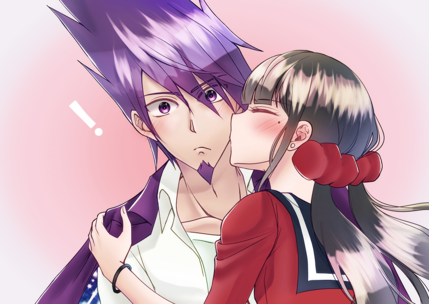 ! 1boy 1girl absurdres bangs beard black_hair blush bracelet cheek_kiss closed_eyes collarbone collared_shirt commentary_request dangan_ronpa earrings facial_hair gradient gradient_background hair_ornament hair_scrunchie harukawa_maki hetero highres jacket jacket_on_shoulders jewelry kiss long_hair looking_at_viewer mole mole_under_eye momota_kaito new_dangan_ronpa_v3 open_clothes open_shirt purple_hair purple_jacket red_scrunchie red_shirt sailor_collar satori_(blueinc324) school_uniform scrunchie shiny shiny_hair shirt space_print spiky_hair starry_sky_print surprised violet_eyes white_shirt