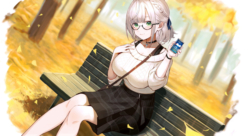 1girl absurdres between_breasts black_choker black_skirt braid breasts brown_bag can casual choker closed_mouth dejio glasses green_eyes highres holding holding_can hololive large_breasts light_blush ribbed_sweater semi-rimless_eyewear shirogane_noel short_hair silver_hair sitting_on_bench skirt smile solo strap_between_breasts sweater virtual_youtuber white_sweater