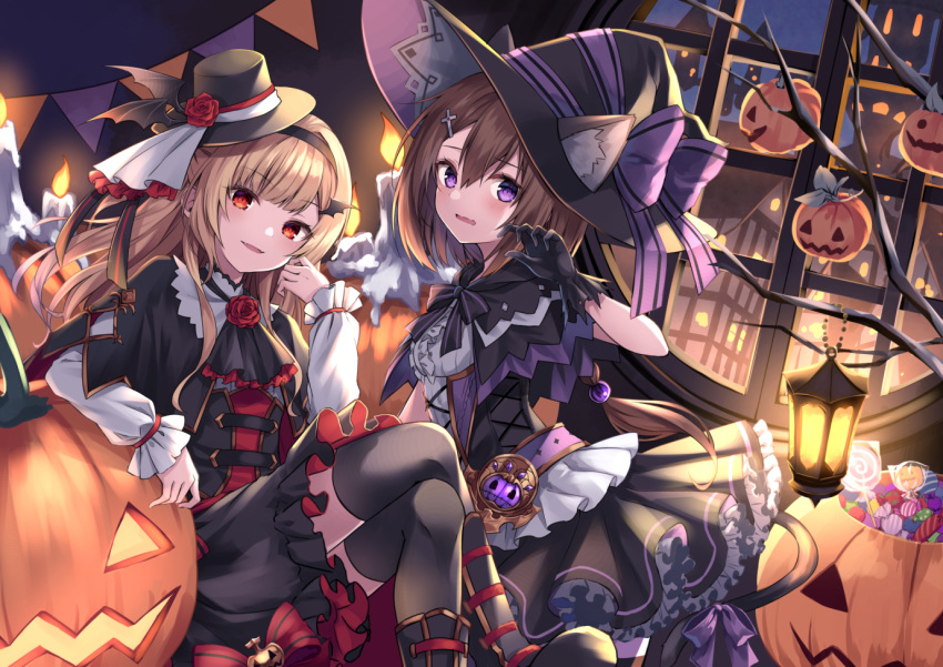 2girls animal_ear_fluff animal_ears bangs bare_tree bat_wings black_capelet black_footwear black_gloves black_headwear black_legwear black_skirt black_wings blonde_hair blush boots bow brown_hair candle candy candy_wrapper capelet cat_ears cat_girl cat_tail center_frills commentary_request crossed_legs ears_through_headwear eyebrows_visible_through_hair feet_out_of_frame fire flower food frilled_skirt frills gloves hair_between_eyes halloween halloween_bucket hand_up hat hat_bow hat_flower hood hood_down hooded_capelet indoors jack-o'-lantern kure~pu lantern lollipop long_hair looking_at_viewer looking_to_the_side mini_hat mini_top_hat mini_wings multiple_girls original parted_lips pleated_skirt purple_bow red_eyes red_flower red_rose rose round_window shirt sitting skirt striped striped_bow swirl_lollipop tail tail_bow thigh-highs thighhighs_under_boots tilted_headwear top_hat tree violet_eyes wavy_mouth white_shirt wings witch_hat