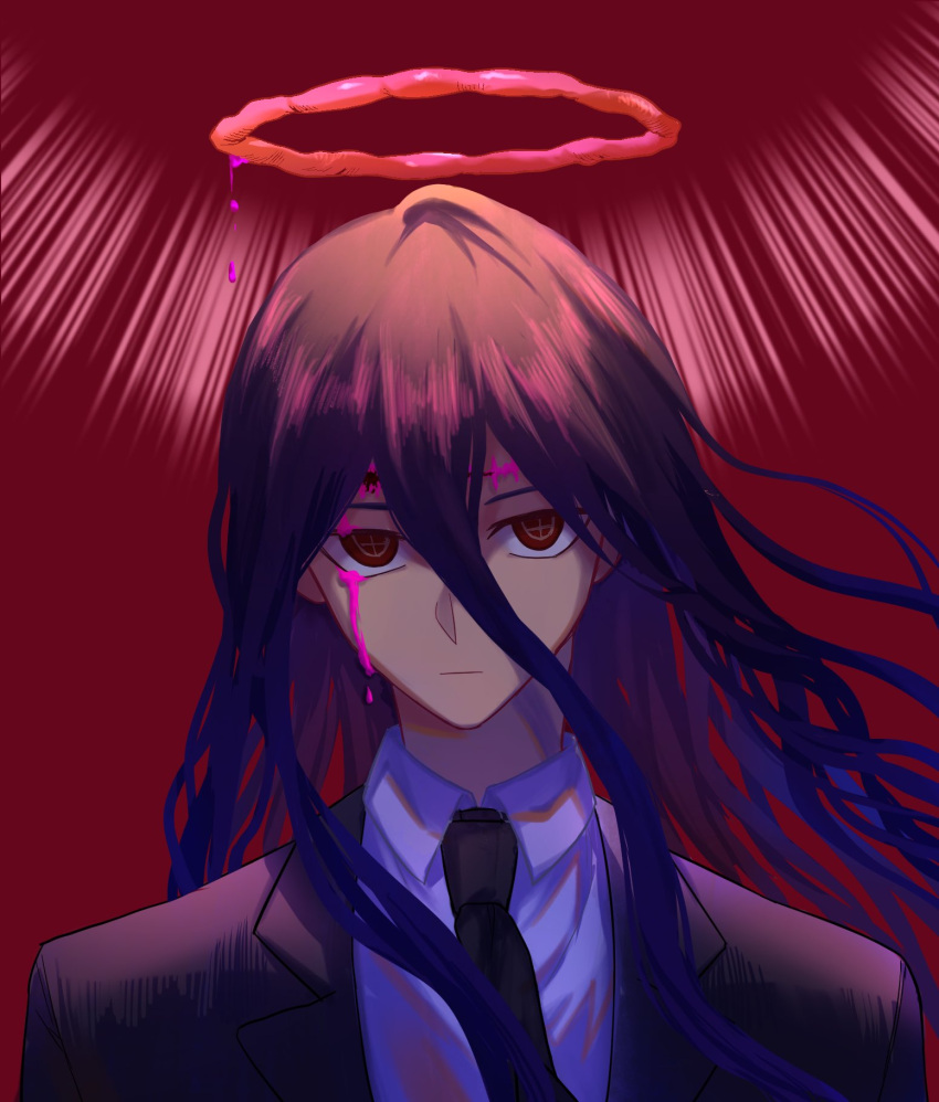 1boy black_hair black_neckwear black_suit blood bloody_tears bullet_hole chainsaw_man chinese_commentary collared_shirt crosshair_pupils dangan_ronpa dripping expressionless formal hair_between_eyes halo highres jacket kamukura_izuru long_hair looking_at_viewer makima_(chainsaw_man) male_focus necktie pink_blood qige red_background red_eyes shirt simple_background solo suit super_dangan_ronpa_2 symbol_commentary