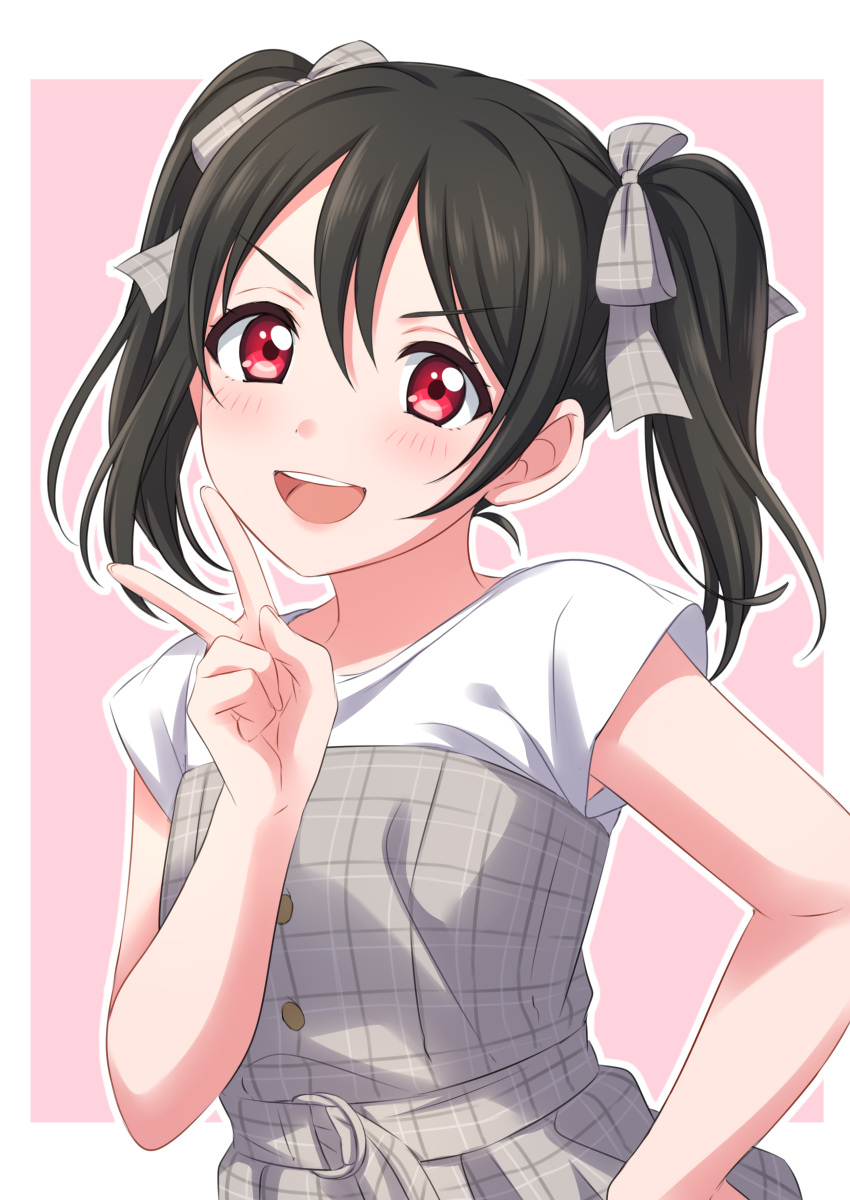 1girl :d absurdres black_hair blush border dot_nose dress grey_dress grey_ribbon hair_ribbon hand_on_hip head_tilt highres looking_at_viewer love_live! love_live!_school_idol_project medium_hair open_mouth outline pink_background red_eyes ribbon sekina shirt smile solo strapless strapless_dress twintails upper_body v white_border white_outline white_shirt yazawa_nico